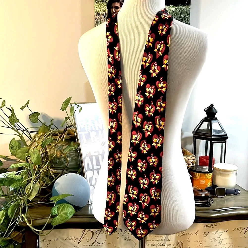 DR. SEUSS VINTAGE 90’s CAT IN THE HAT SILK TIE BLACK RED WHITE YELLOW